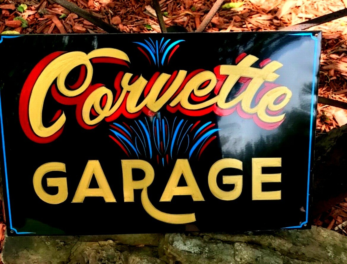 Vintage CHEVY Corvette Garage Painted HOT Rod Man Cave Car Dealer SIGN Pinstripe