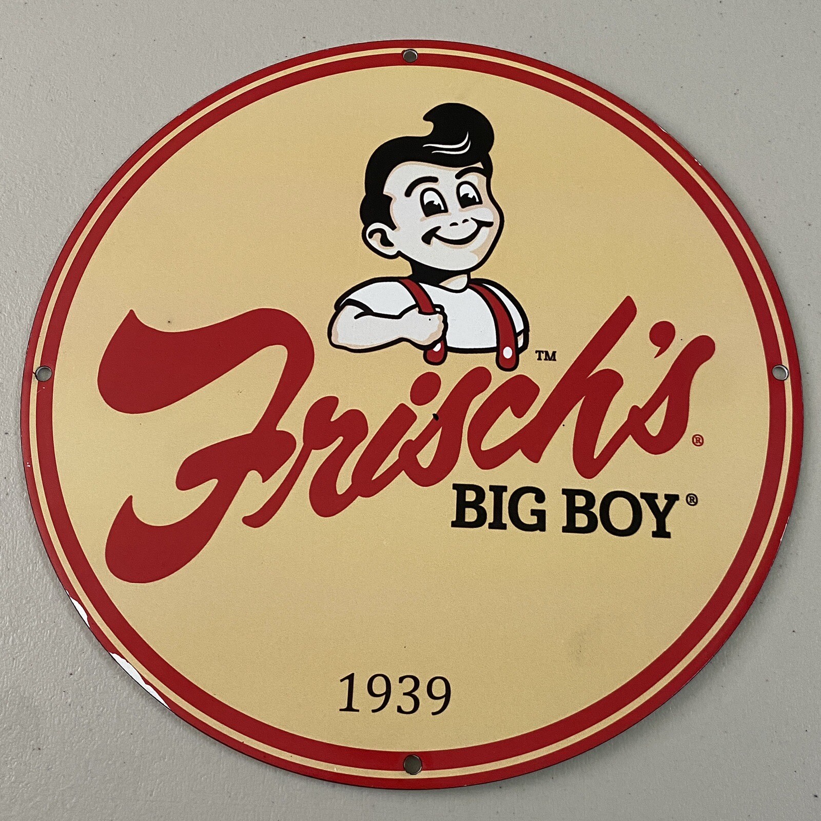 VINTAGE FRISCH’S BIG BOY PORCELAIN GAS OIL DINER BURGER FAST FOOD AD PUMP SIGN