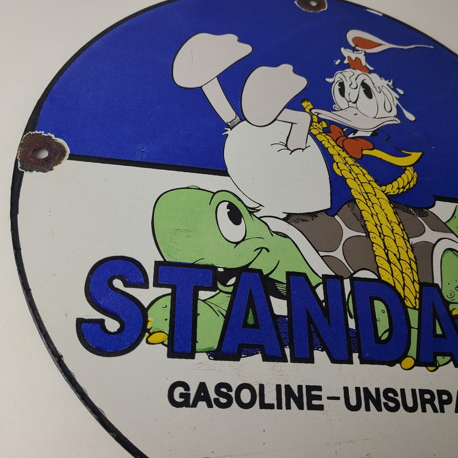Vintage Standard Gasoline Sign – Gas Oil Pump Plate Walt Disney Porcelain Sign
