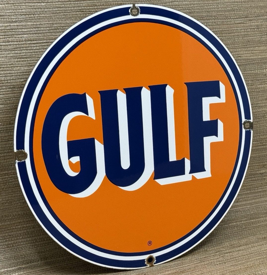 VINTAGE GULF GASOLINE PORCELAIN SIGN GAS STATION PUMP PLATE MOTOR OIL SERVICE
