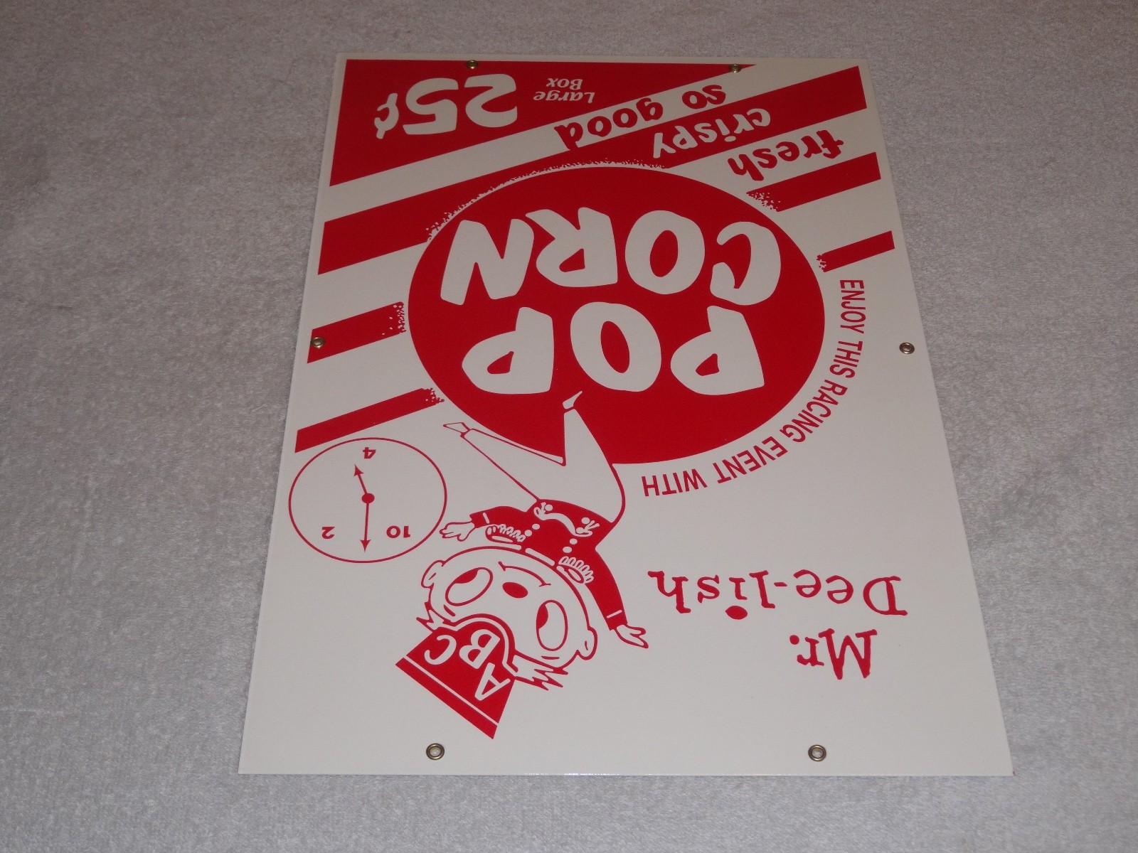 VINTAGE POPCORN 25 CENTS & MR. DEE-LISH 18″ PORCELAIN METAL GASOLINE & OIL SIGN!