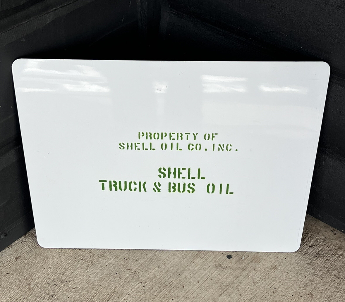 Vintage Property of Shell Oil Co. Inc. Shell Truck & Bus Oil Tin Sign Stenciled