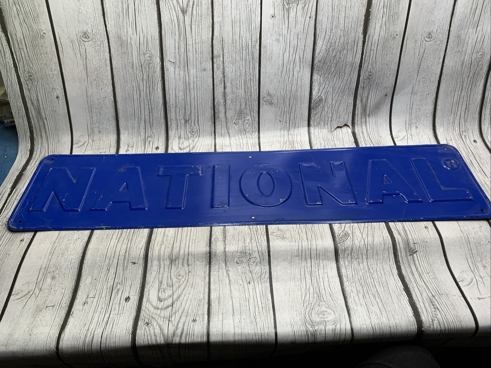 Vintage NATIONAL Embossed Metal Sign Yellow Gas Oil Advertising Blue