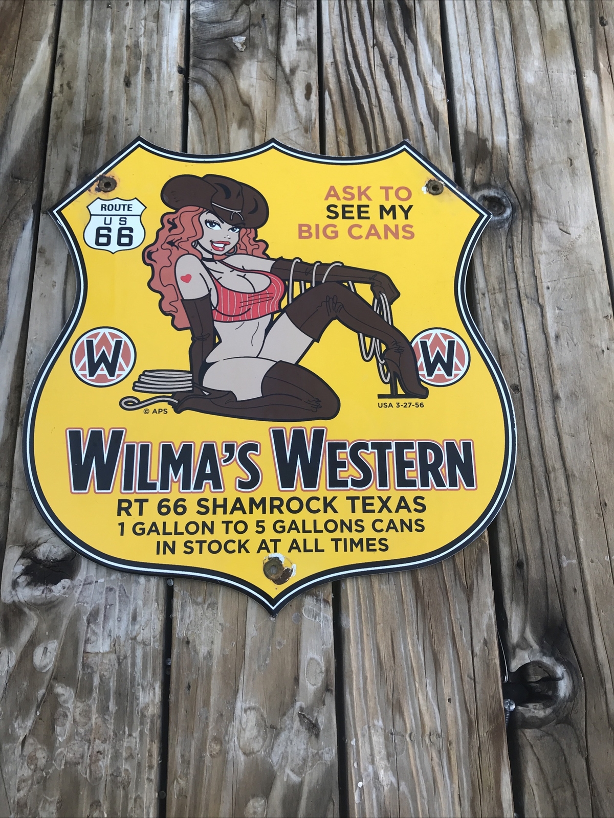 Vintage Route 66 Wilma’s Western Shamrock Texas Oil Can Porcelain Sign