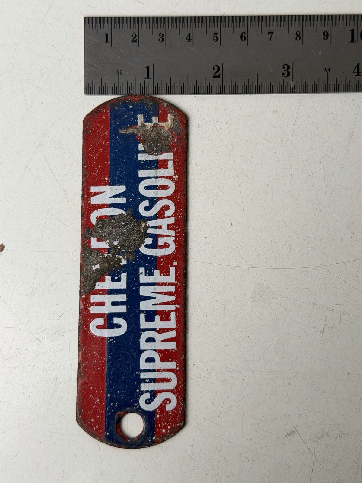 Chevron Supreme Gasoline Gas Pump Tag Metal Vintage 5″ Worn