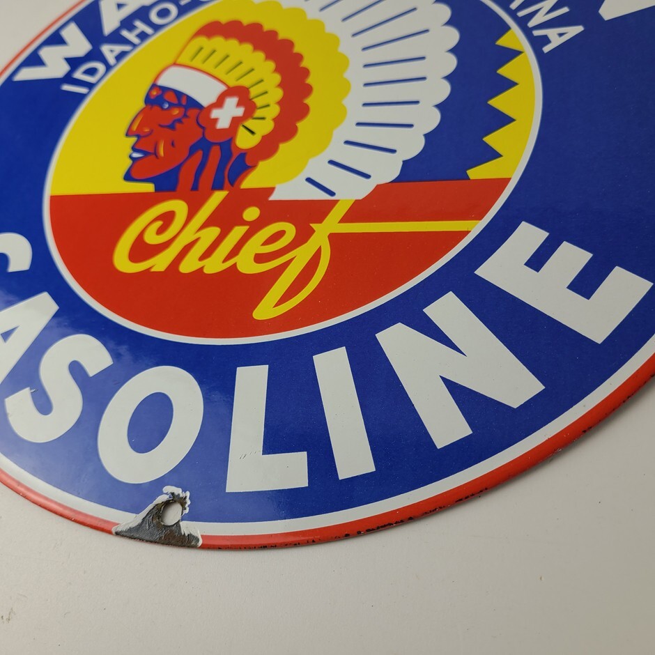 Vintage Washington Gasoline Sign – Indian Chief Gas Pump Porcelain Service Sign