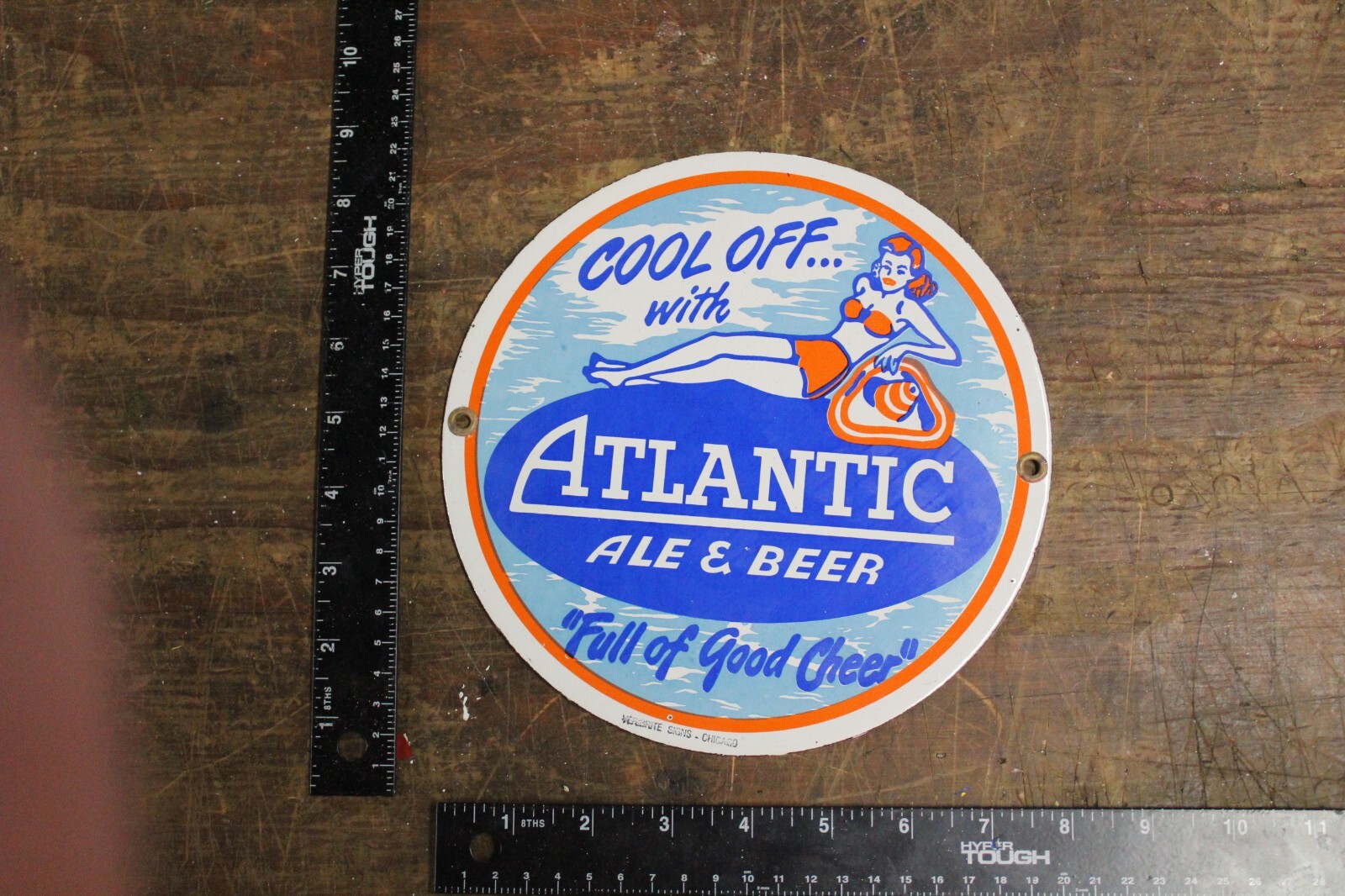 RARE ATLANTIC ALE BEER DEALER PORCELAIN METAL SIGN SWIMSUIT GIRL BEACH MAINE