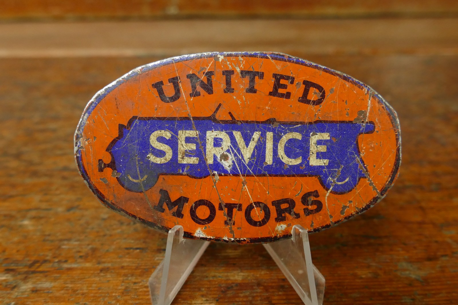 Vintage United Service Motors Small Advertising Sign Tag Badge Emblem Gas Oil