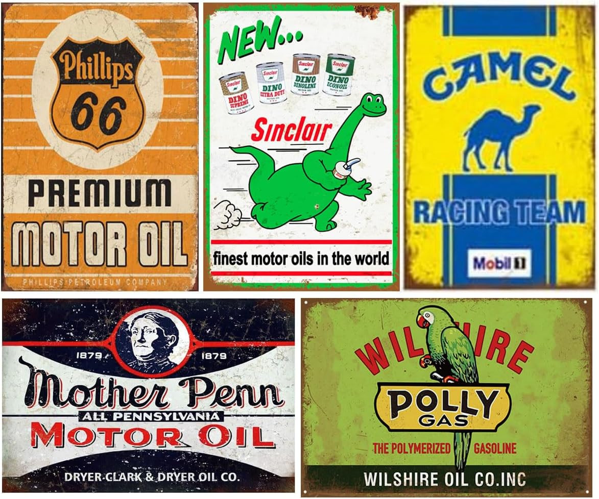 Reproduced Vintage Tin Sign Pack, Gas Oil Retro Advert Antique Metal Signs for G