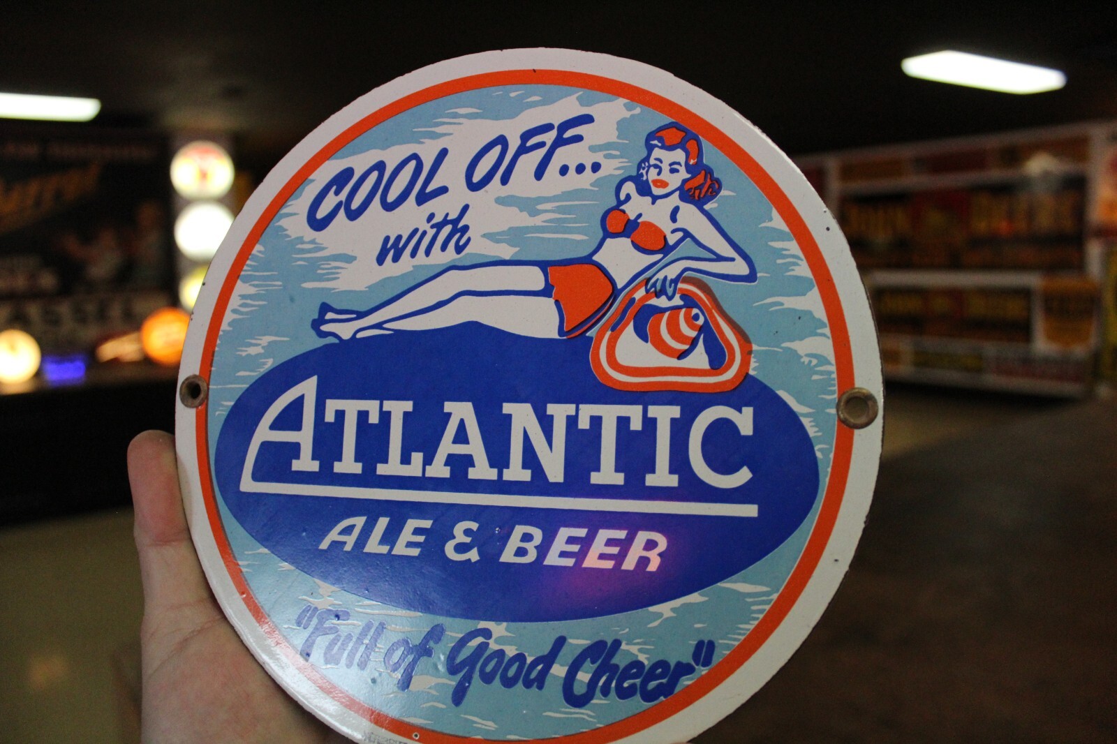 RARE ATLANTIC ALE BEER DEALER PORCELAIN METAL SIGN SWIMSUIT GIRL BEACH MAINE