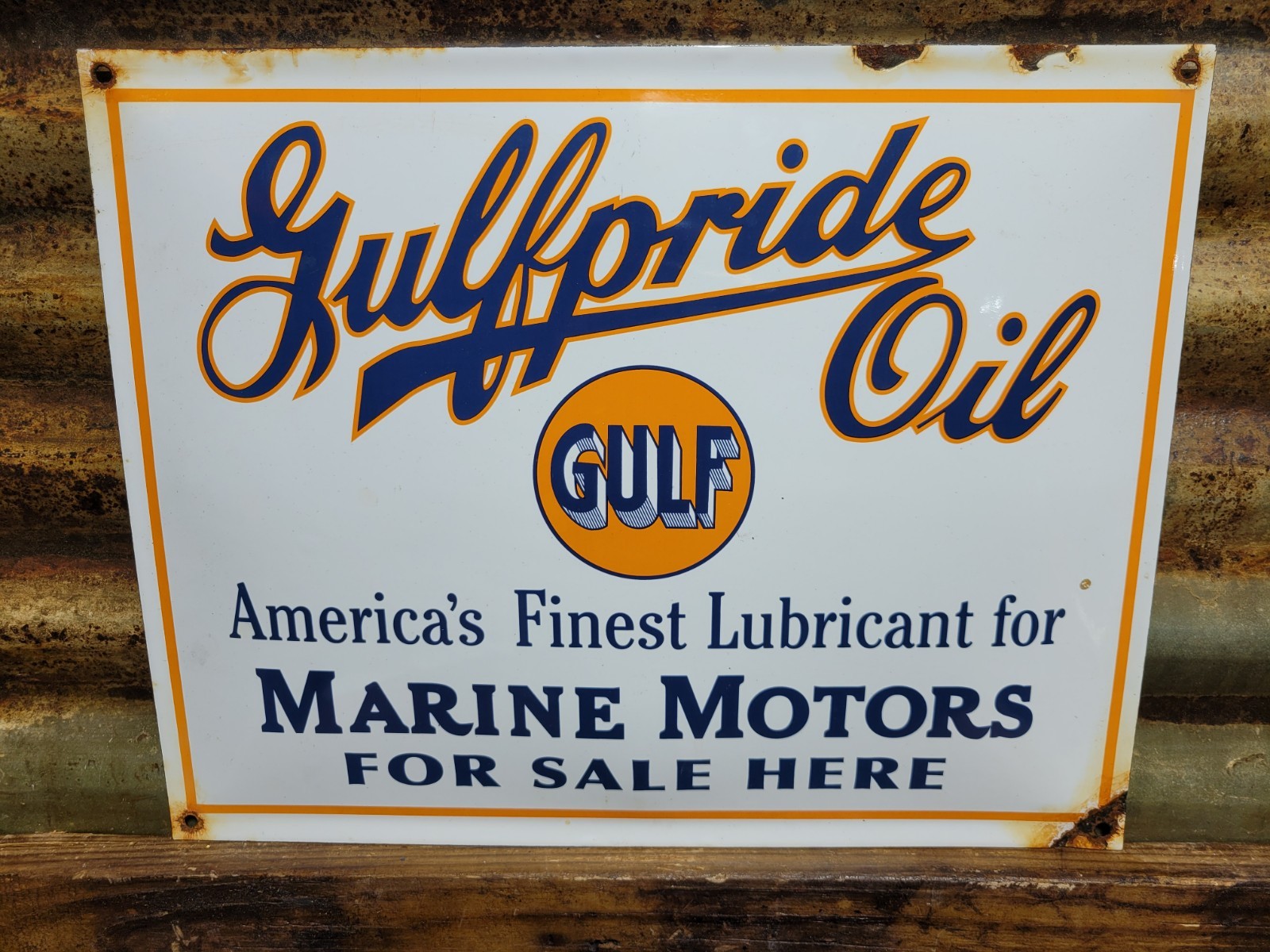 VINTAGE GULF PORCELAIN SIGN OLD GULFPRIDE GASOLINE MARINE BOAT MOTOR OIL GARAGE