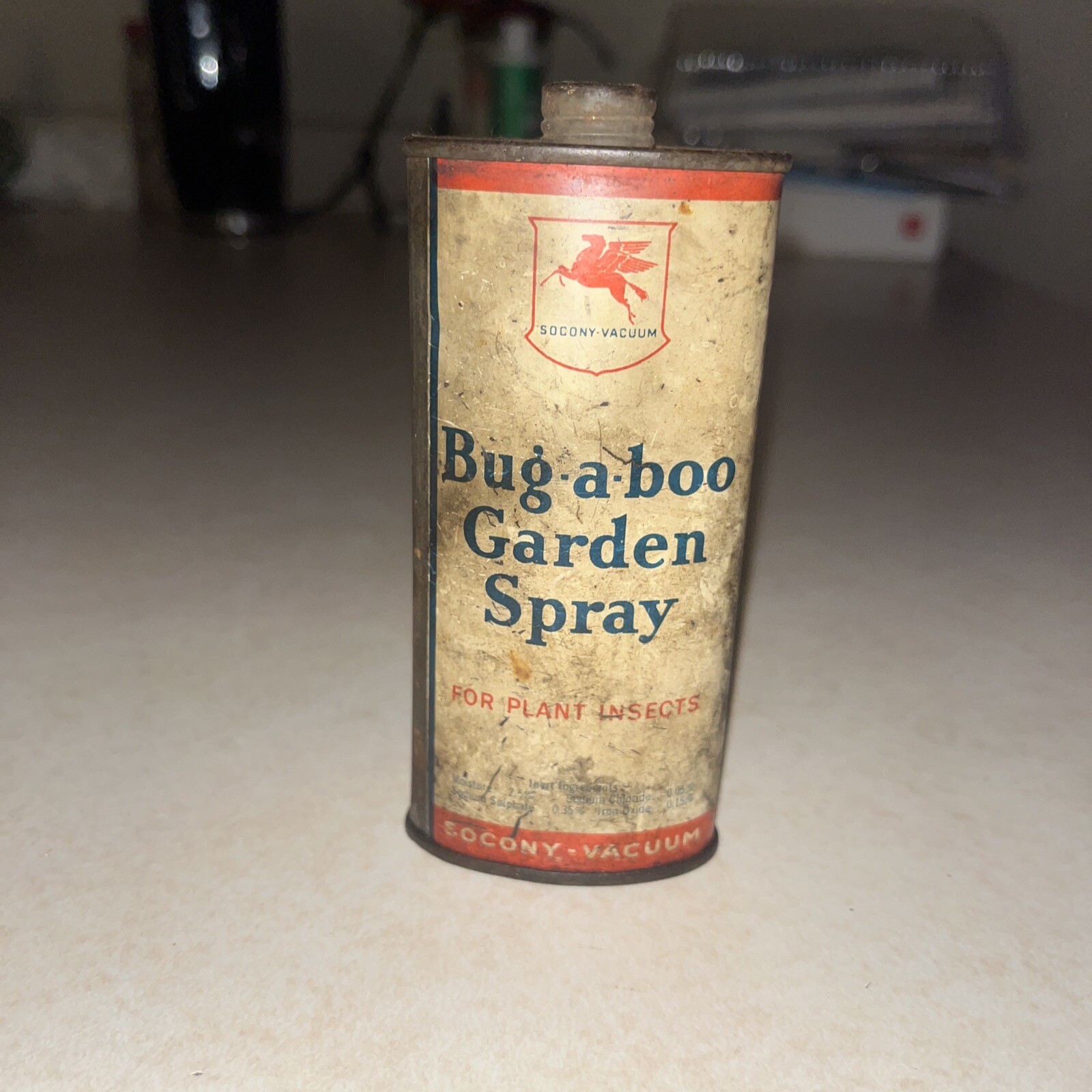 Vintage Socony Vacuum Mobil Oil BUG A BOO Garden Bug Spray Oil Tin Can Pegasus