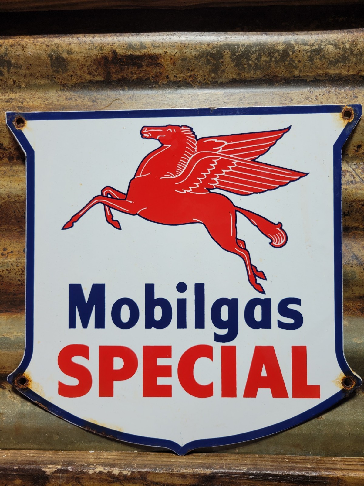 VINTAGE MOBIL PORCELAIN SIGN OLD MOBILGAS SPECIAL GAS PUMP SHIELD 12″ MOTOR OIL