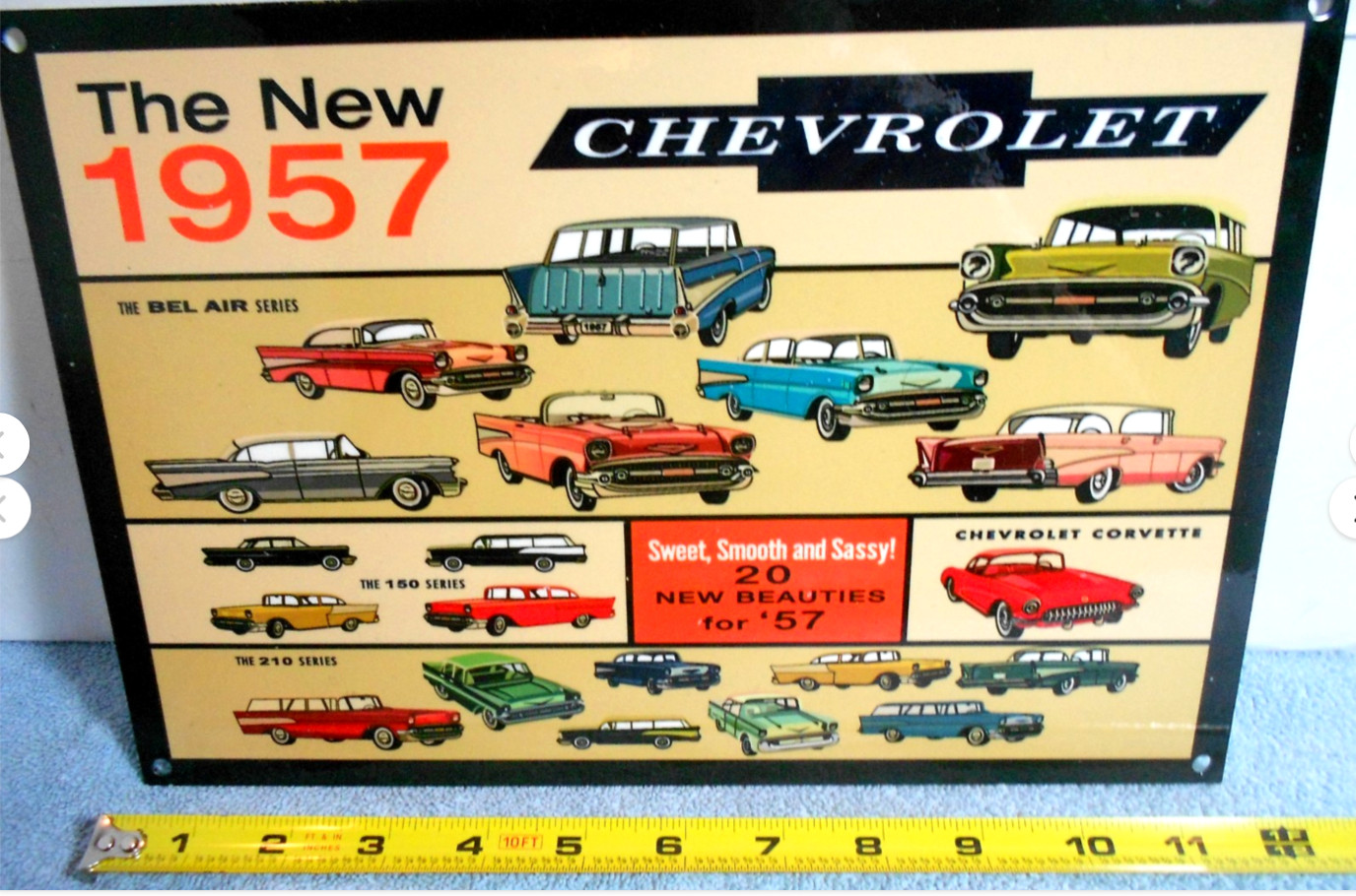 VINTAGE CHEVROLET “NEW BEAUTIFUL 1957 CHEVY’S 12” GAS OIL ADVERTISING SIGN METAL