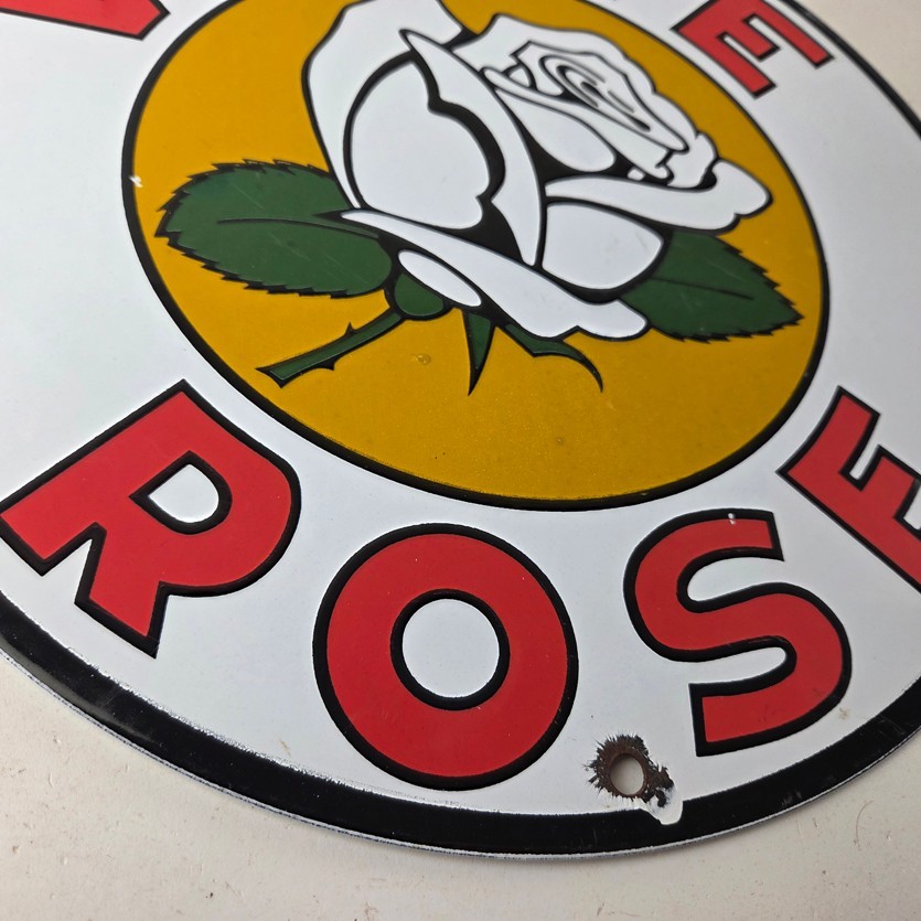 Vintage White Rose Gasoline Sign – Service Station Gas Oil Pump Plate Sign