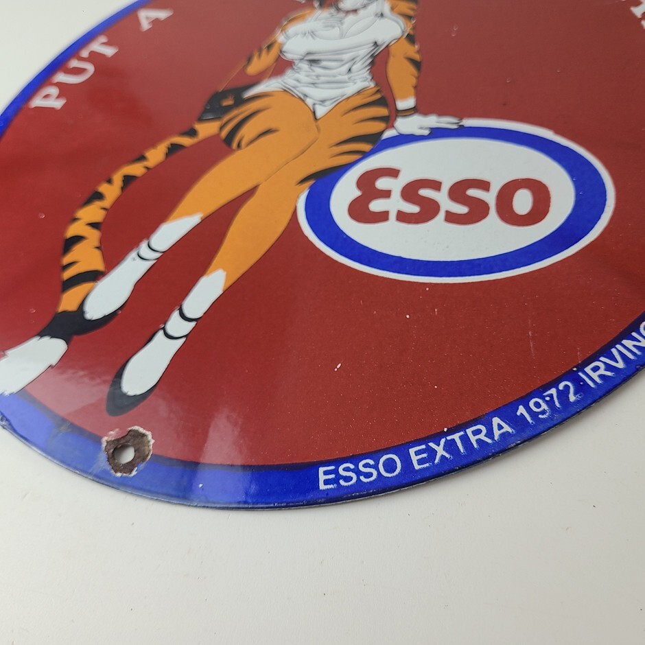 Vintage Esso Gasoline Porcelain Tiger – Gas Service Station Auto Tank Sign