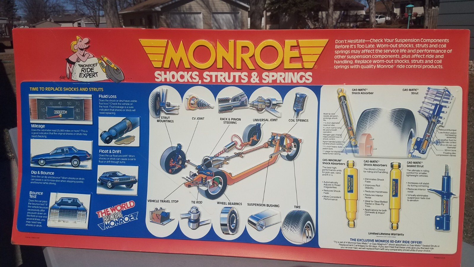 1988 Large Monroe Shocks Struts Springs Embossed 3D Vaccuform Plastic Sign
