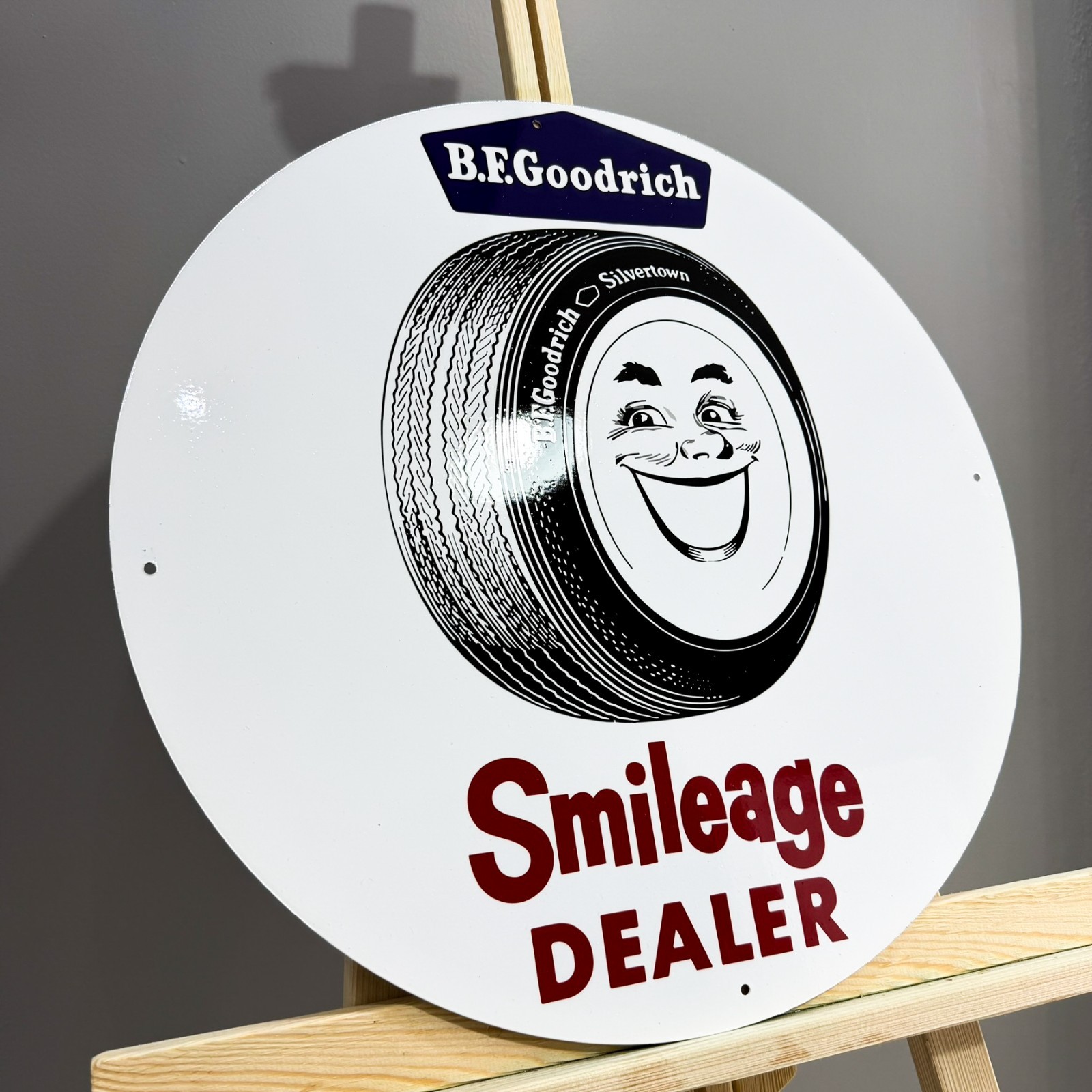 Vintage B.F. Goodrich Smileage Dealer Sign • Tire Garage Sign • 19.7″ (50cm)