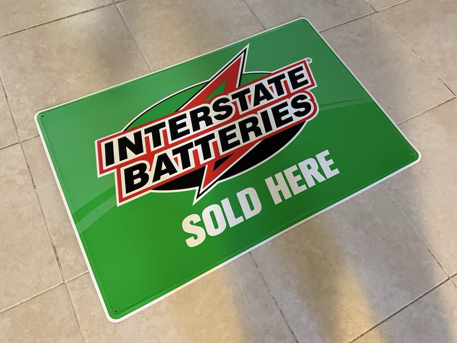 Large 3′ Vintage INTERSTATE BATTERIES Sold Here Embossed Metal Gas Station Sign