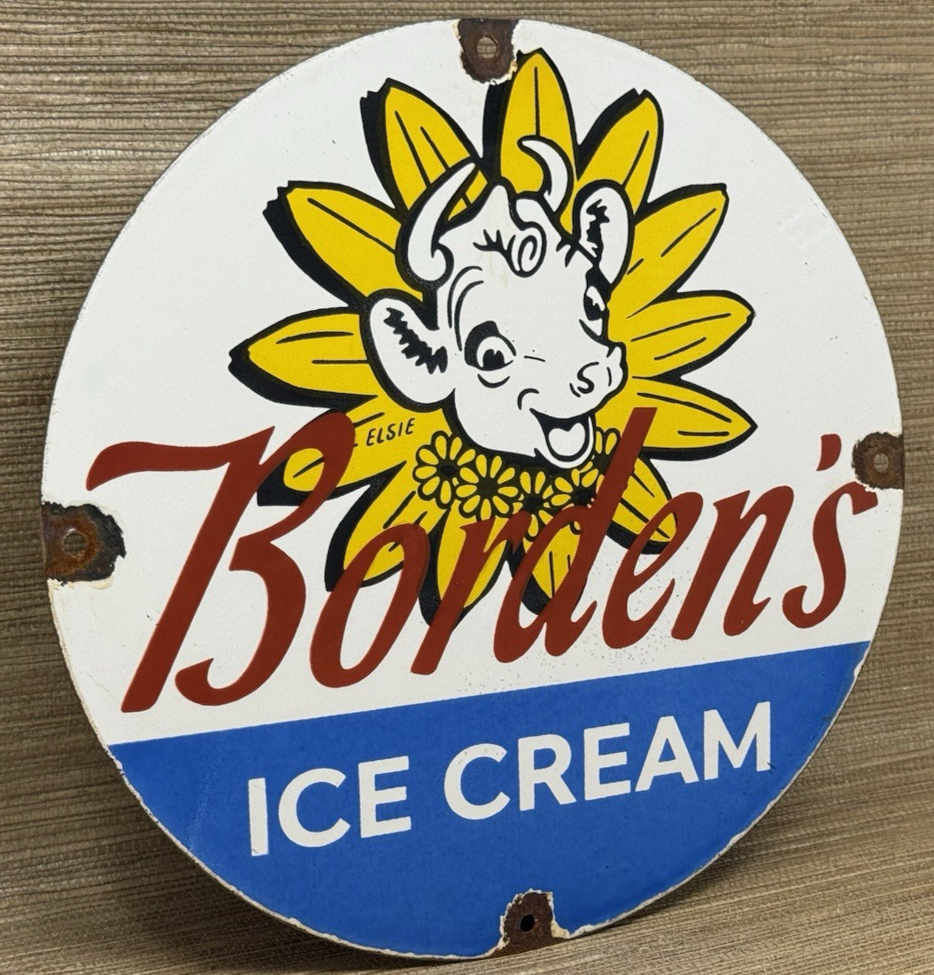 VINTAGE BORDENS ICE CREAM PORCELAIN SIGN DAIRY QUEEN COW FARM GAS PUMP