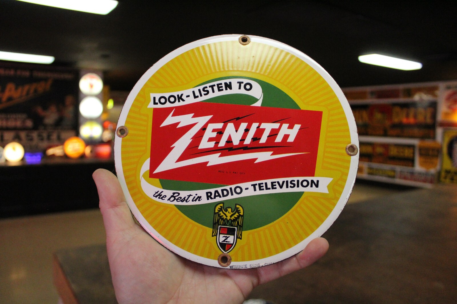 RARE ZENITH RADIO TV DEALER PORCELAIN METAL SIGN TUBE REPAIR ELECTRONIC DEPT