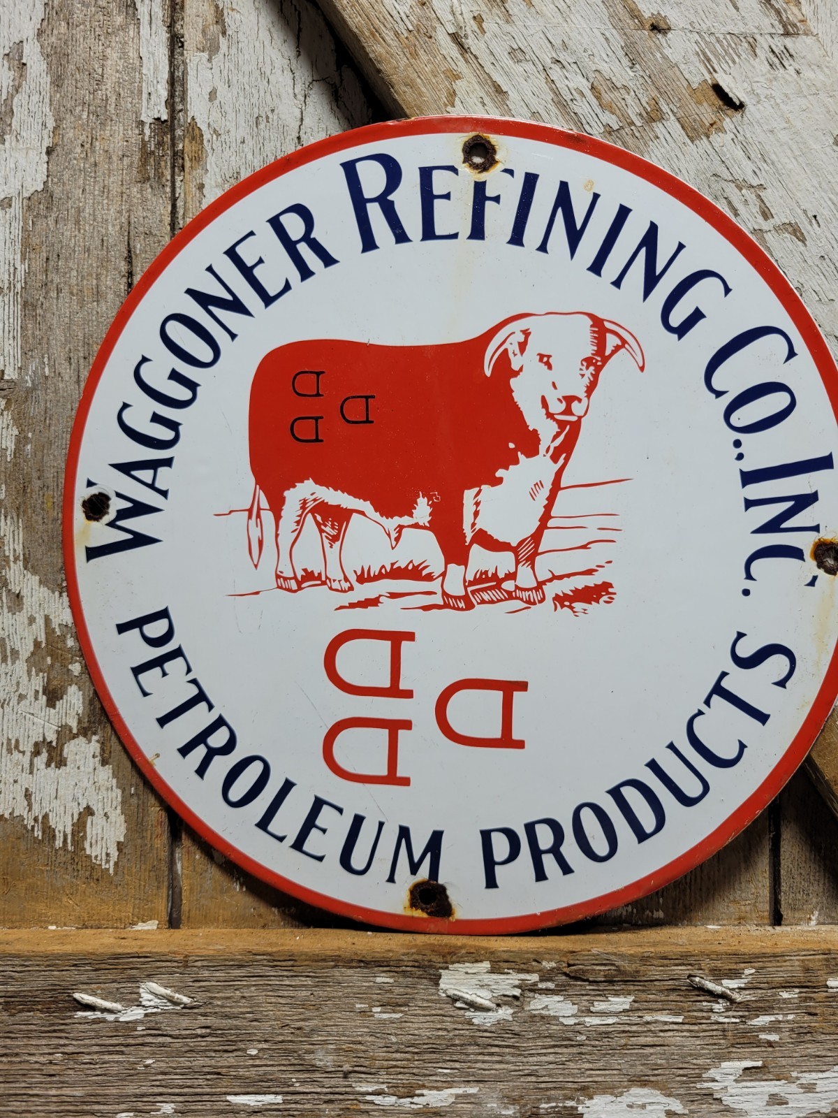 VINTAGE WAGGONER REFINING CO PORCELAIN SIGN PETROLEUM OIL CATTLE DDD RANCH STEER