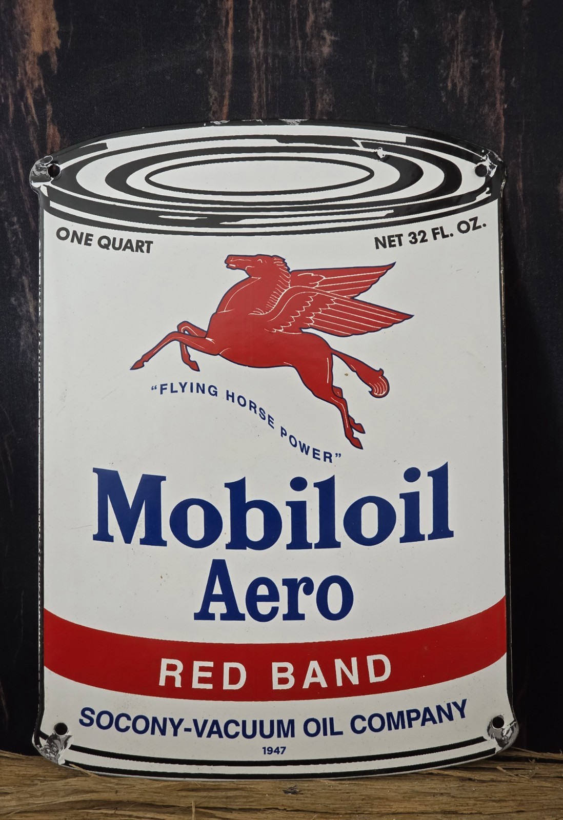 VINTAGE 1947 MOBILOIL AERO CAN PORCELAIN GAS PUMP SIGN MOBIL MOBILGAS 11″ X 8″.