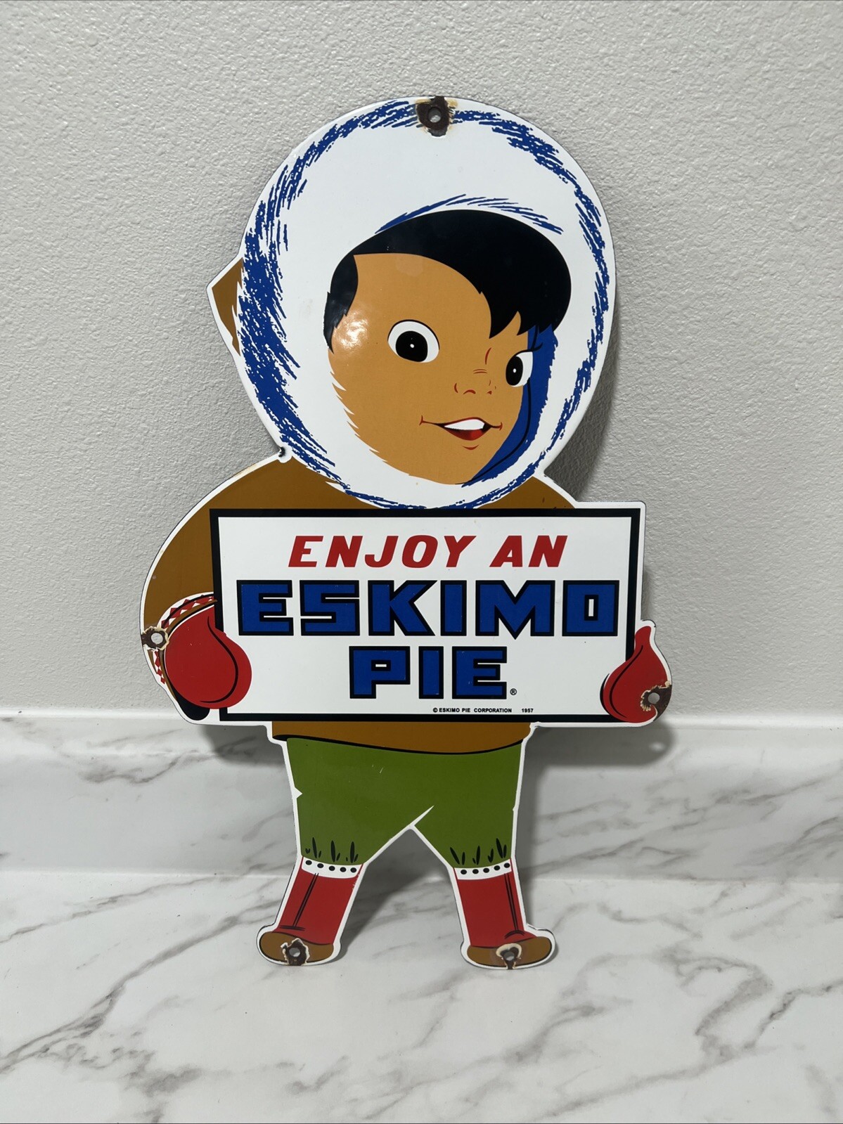 OLD VINTAGE ESKIMO PIE PORCELAIN SIGN ICE CREAM ADVERTISING SIGN 1957 GAS OIL