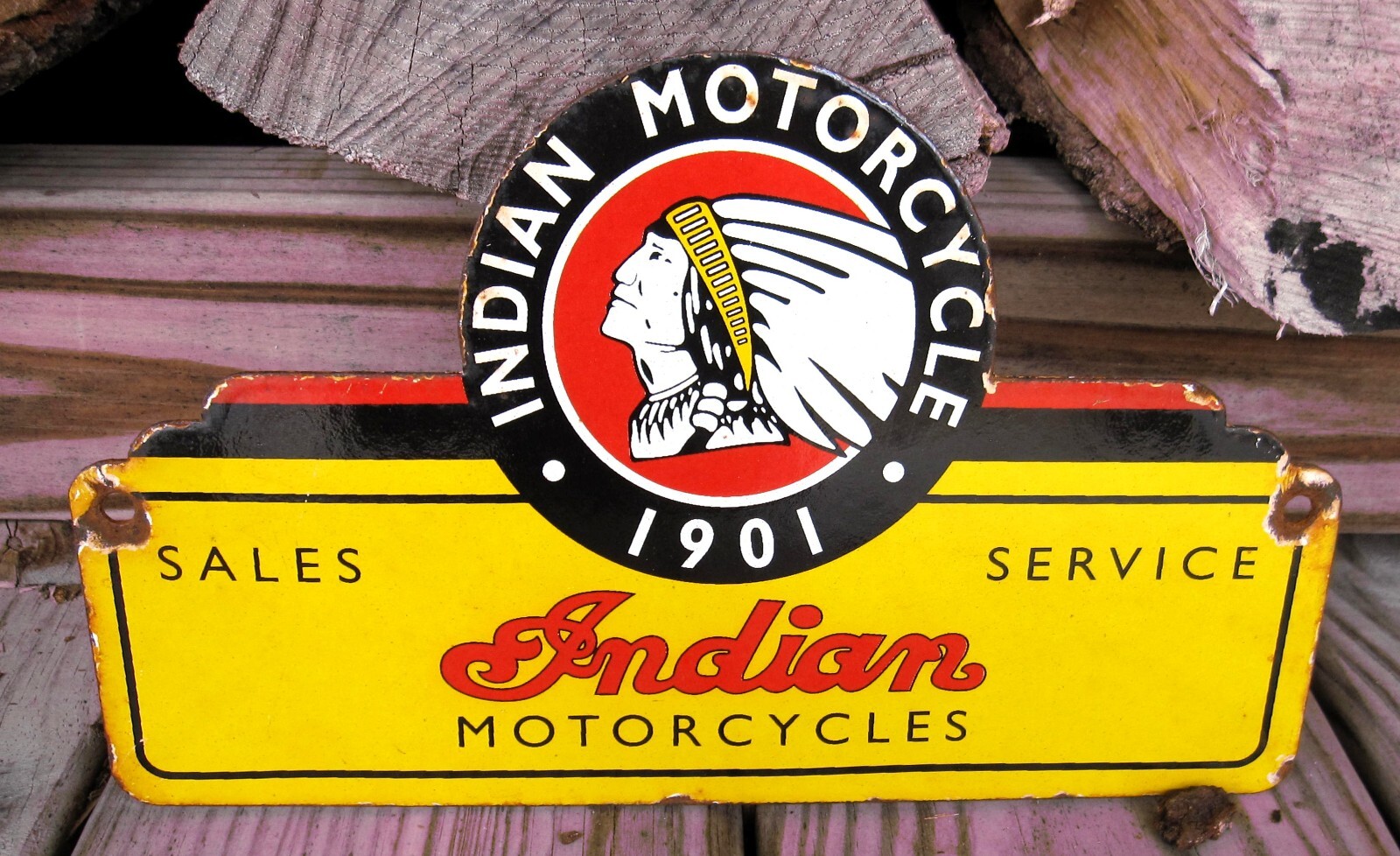 INDIAN MOTORCYCLES VTG PORCELAIN ENAMEL PUSH PLATE SALES & SERVICE DEALER SIGN