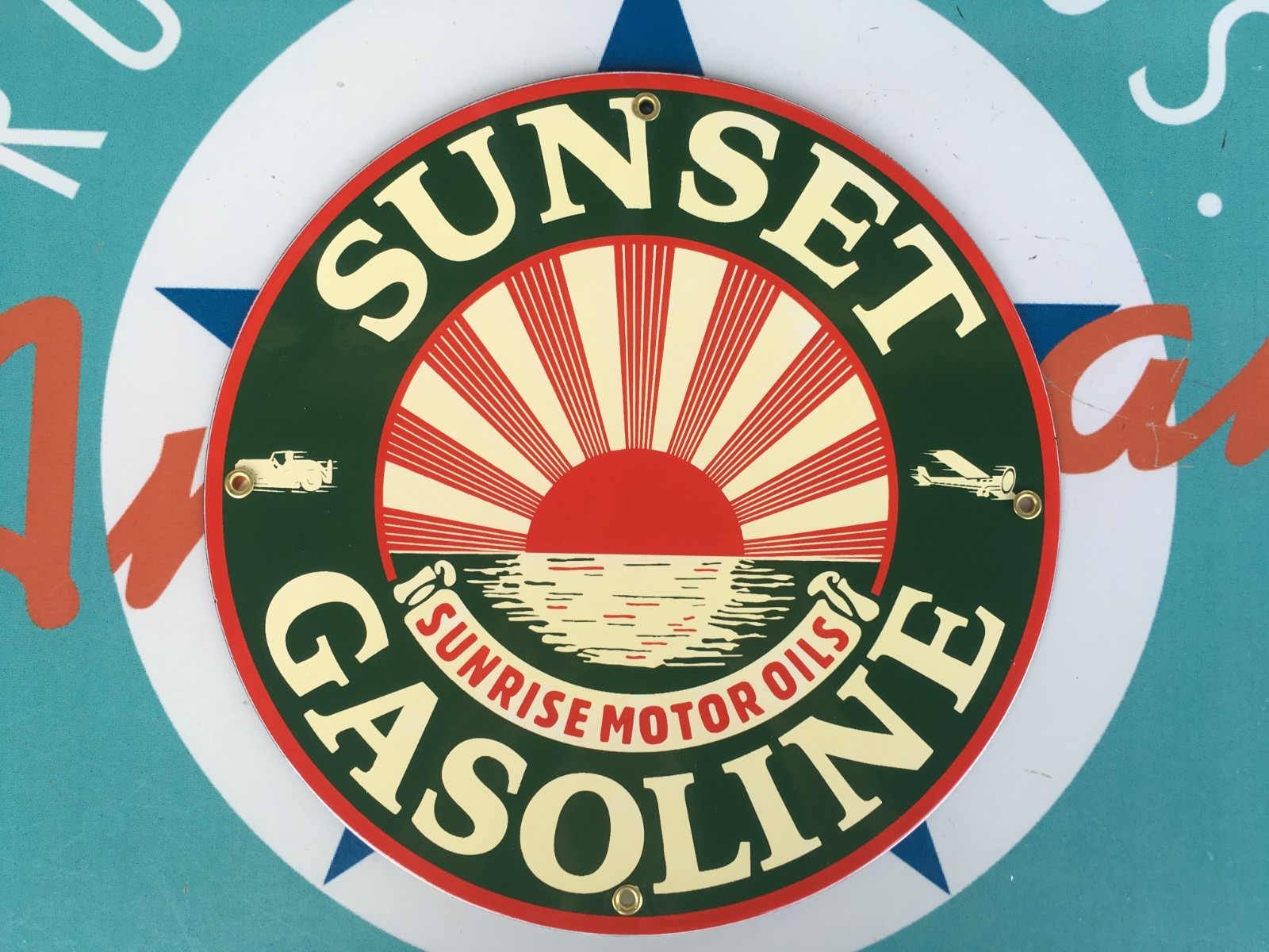 SUNSET GASOLINE & MOTOR OILS top QUALITY porcelain coated 18 GAUGE steel SIGN