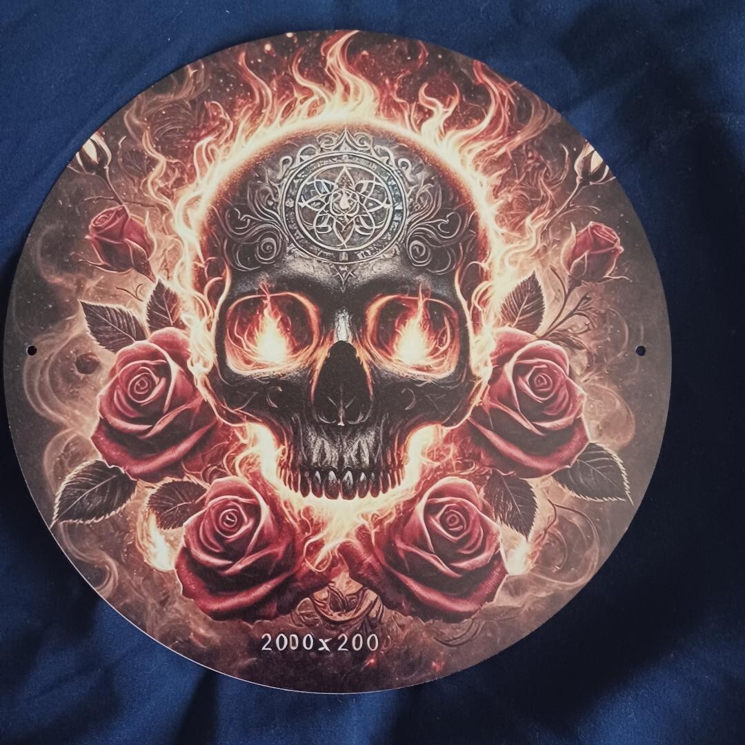 8″ Round Metal Sign Wall Art Man Cave Garage Bar Gas Station Oil Skull/Flames