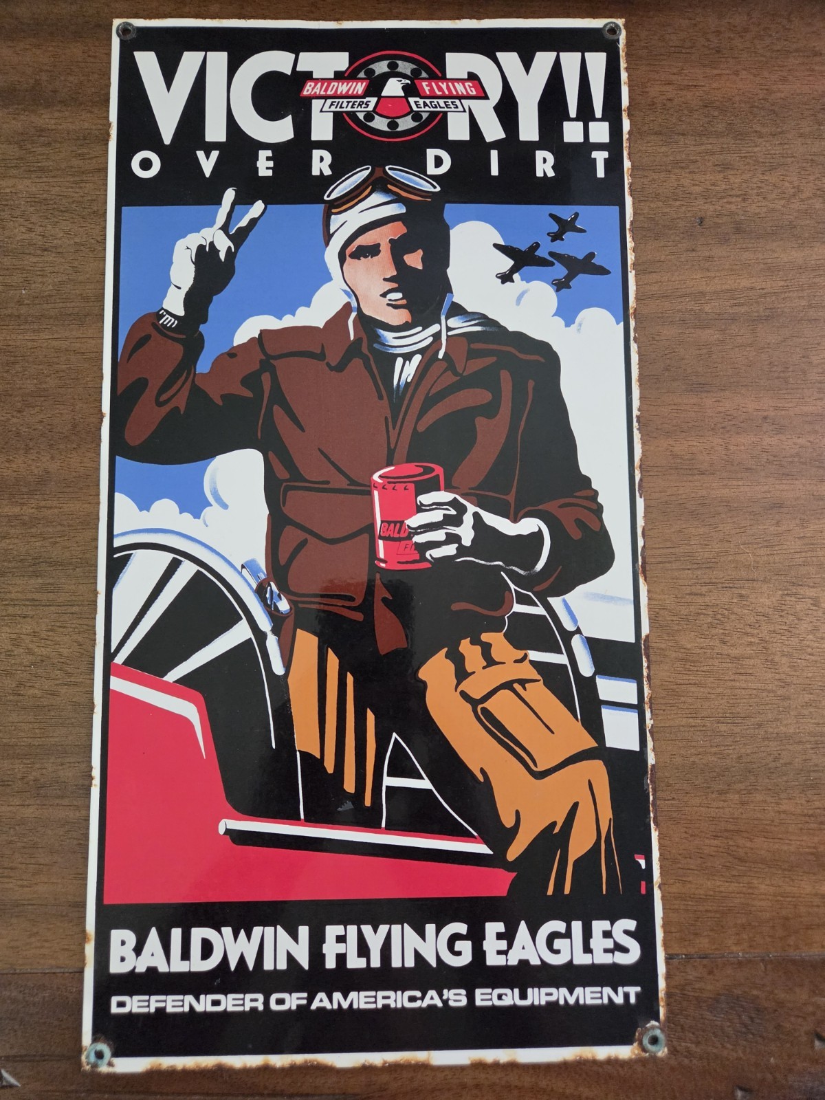 VINTAGE BALDWIN PORCELAIN SIGN OLD MILITARY WAR AIRPLANE ENGINE MOTOR OIL FILTER