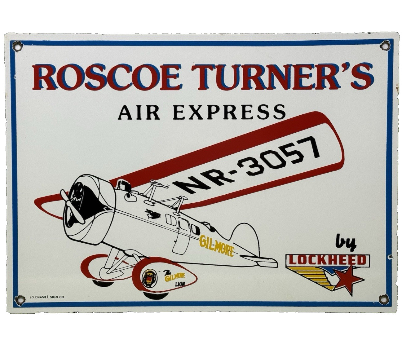 VINTAGE ROSCOE TURNER’S AIR EXPRESS PORCELAIN SIGN LOCKEED AVIATION GILMORE LION