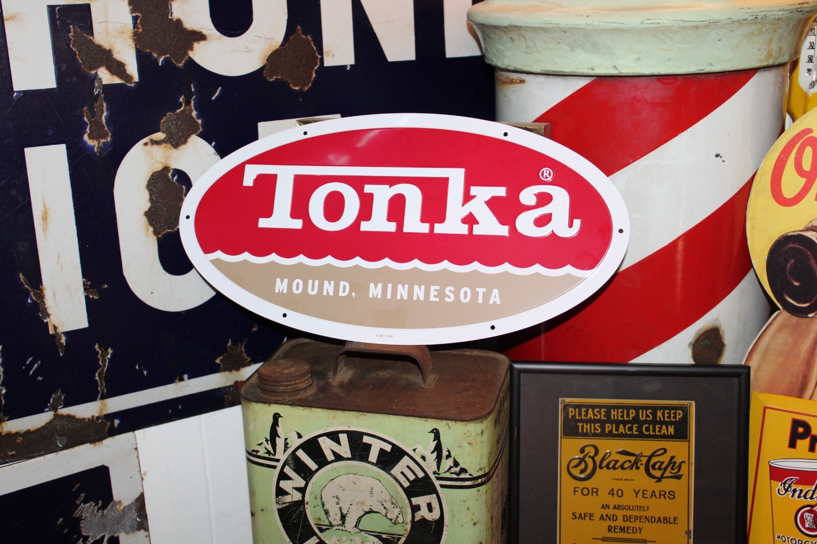 RARE TONKA TOYS DEALER EMBOSSED METAL SIGN TOY STORE MOUND MINNESOTA TRUCK