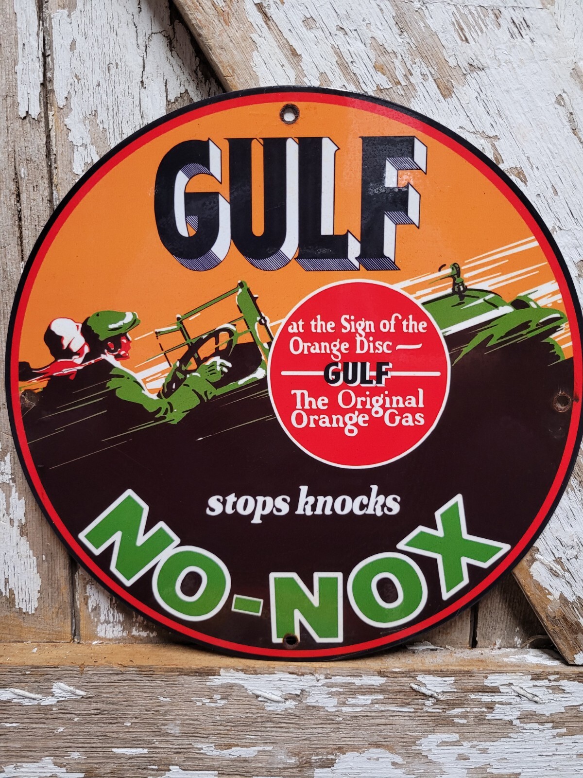 VINTAGE GULF PORCELAIN SIGN NO NOX MOTOR OIL GAS PUMP PLATE CAR ENGINE SERVICE