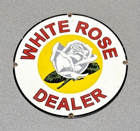 VINTAGE 12” WHITE ROSE DEALER PORCELAIN SIGN CAR GAS TRUCK GASOLINE MOTORCYCLE