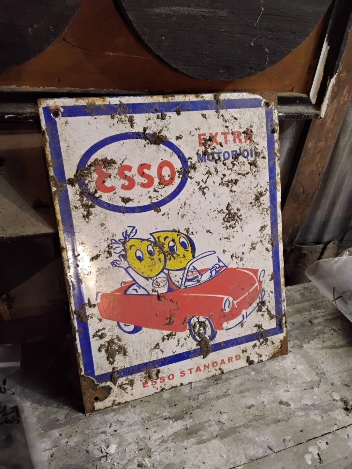Porcelain Esso Car Drops Logo Sign Approx 10″x8″ Inches Over Steel Used Rust