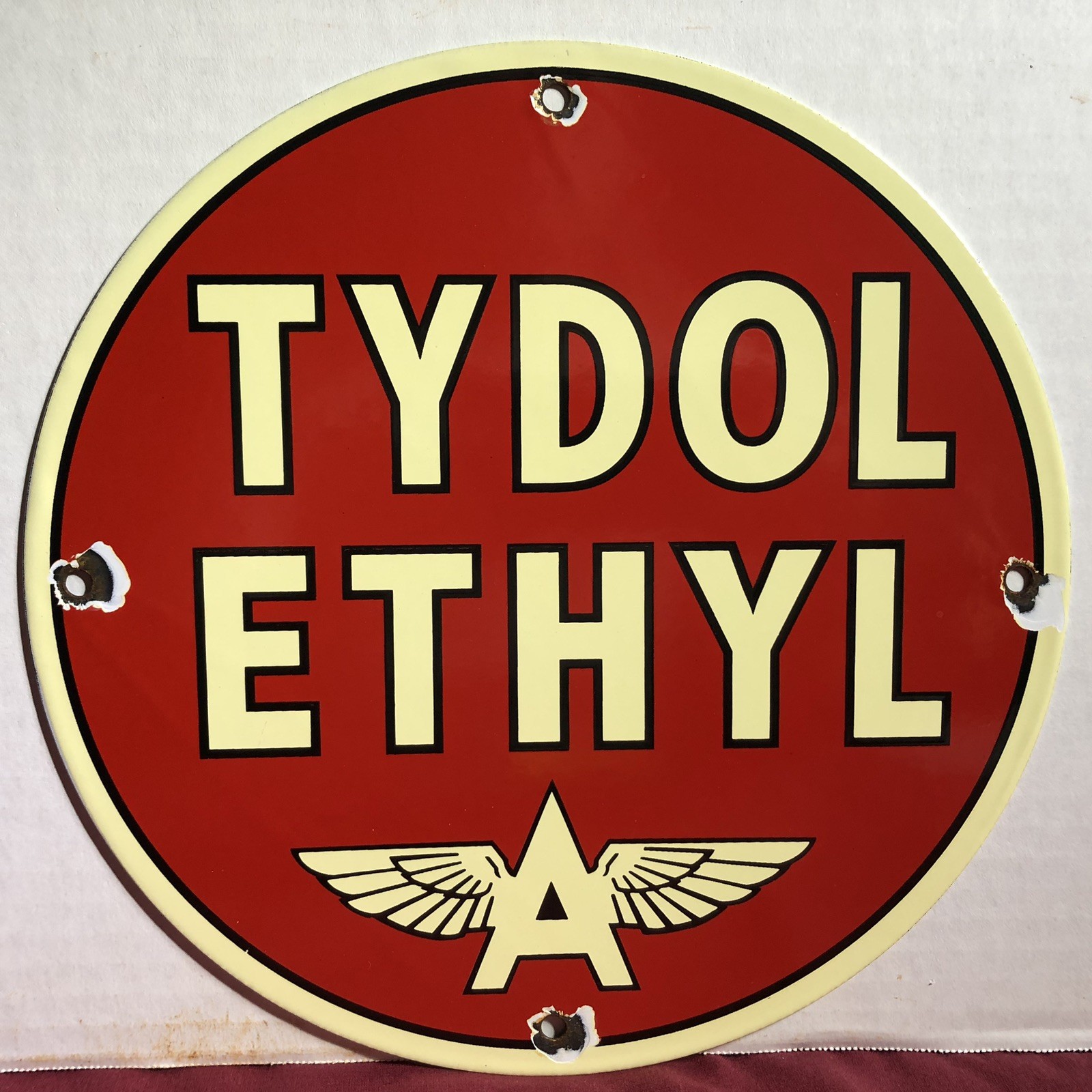 VINTAGE TYDOL ETHYL FLYING A 10” GASOLINE MOTOR OIL PORCELAIN GAS SIGN