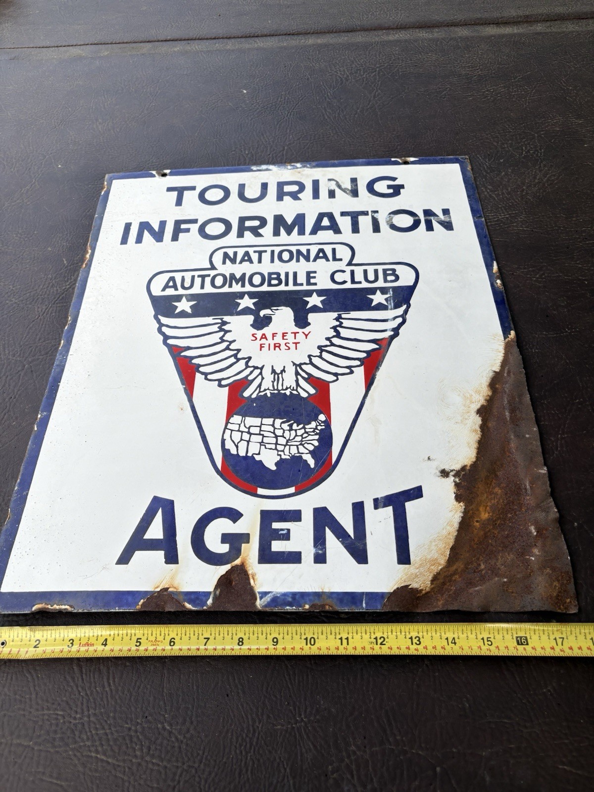 RARE 1930s-40s PORCELAIN NATIONAL AUTOMOBILE CLUB TOURING INFORMATION AGENT SIGN