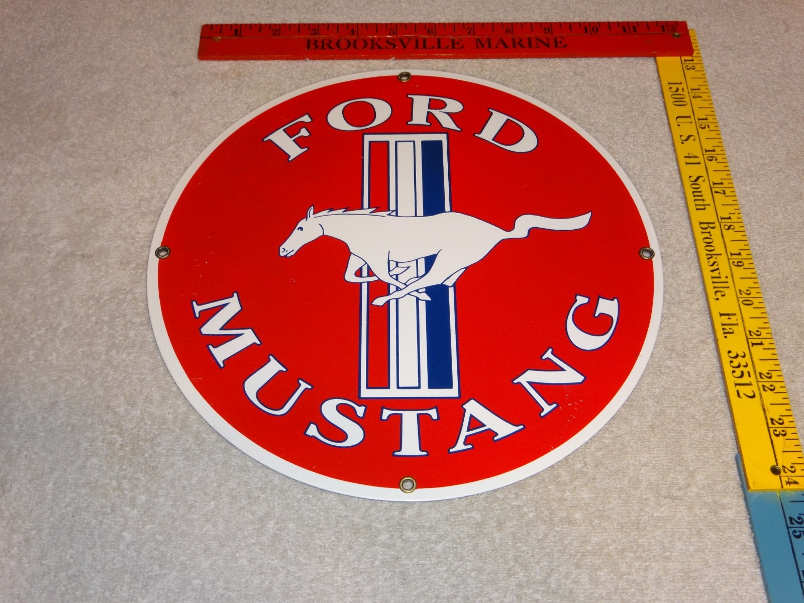 VINTAGE FORD MUSTANG SPORTS CAR 11 1/4″ PORCELAIN METAL HORSE GASOLINE OIL SIGN!