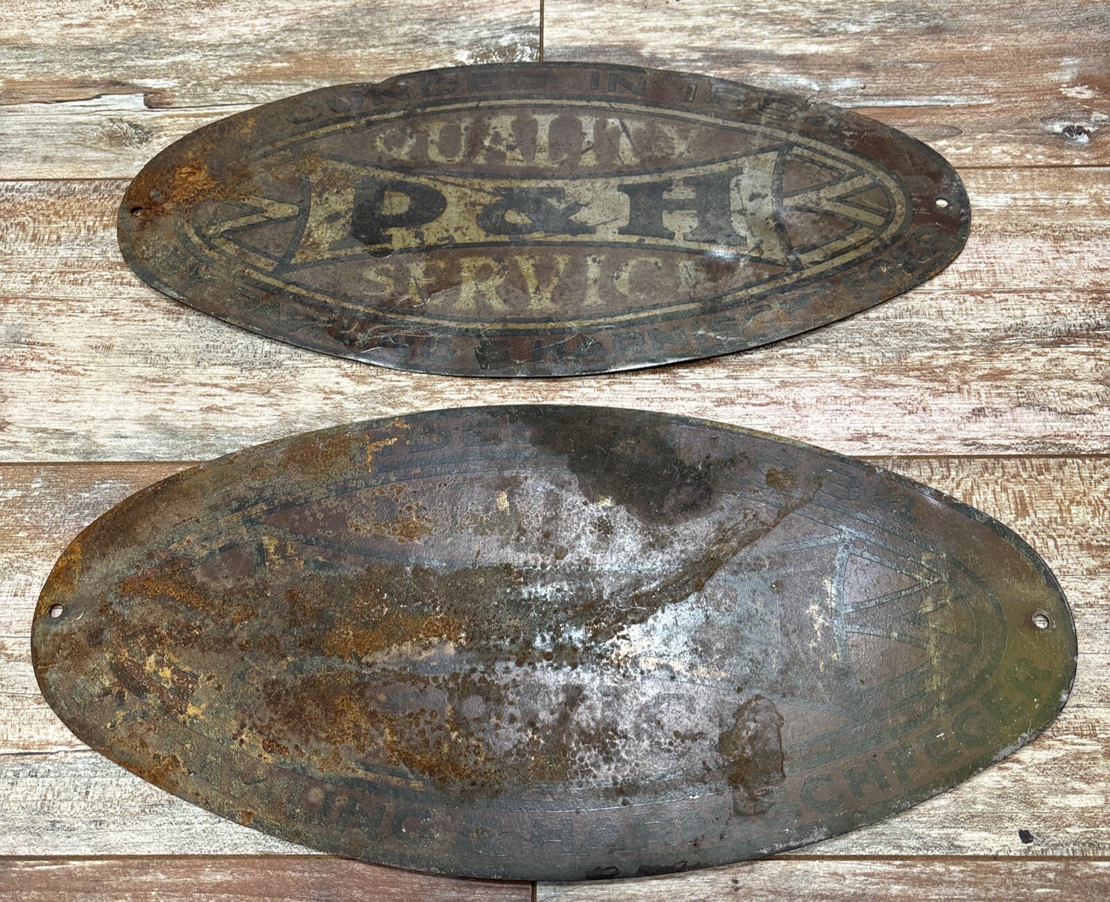 2 Early 1900s Metal Signs P&H Quality Service Crane Mining Equipment 16”x8”