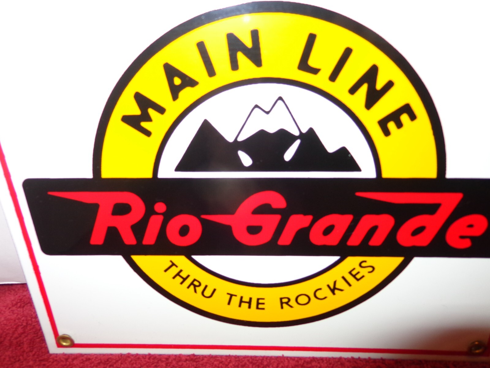 10 x 8 in MAIN LINE RIO GRANDE RAIL ROAD ADV. SIGN HEAVY DIE CUT METAL -S 336