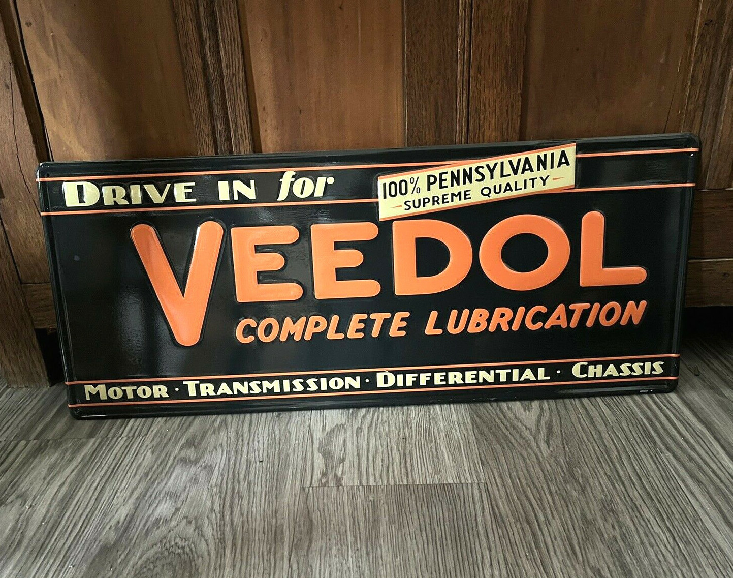 Drive in for VEEDOL PENNSYLVANIA OIL EMBOSSED METAL SIGN 23 1/4″ x 9 5/8″ Nice