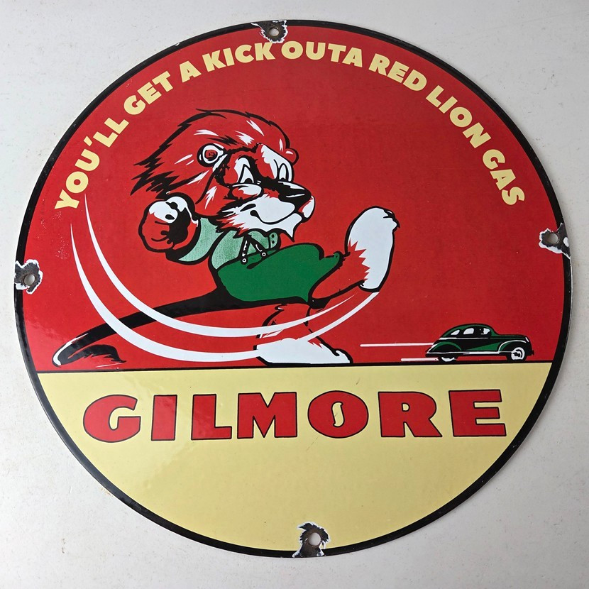 Vintage Gilmore Pump Sign – Porcelain Gasoline Red Lion Service Station Sign