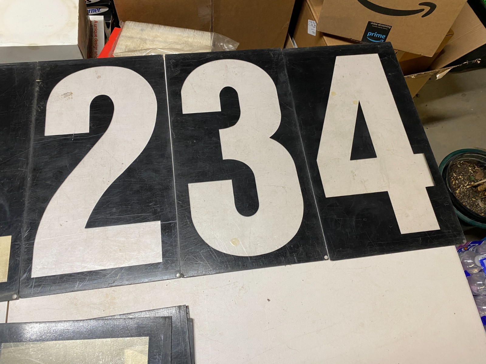 Vtg set #4 gas station black background clear acrylic numbers 16”-17” tall 0-9