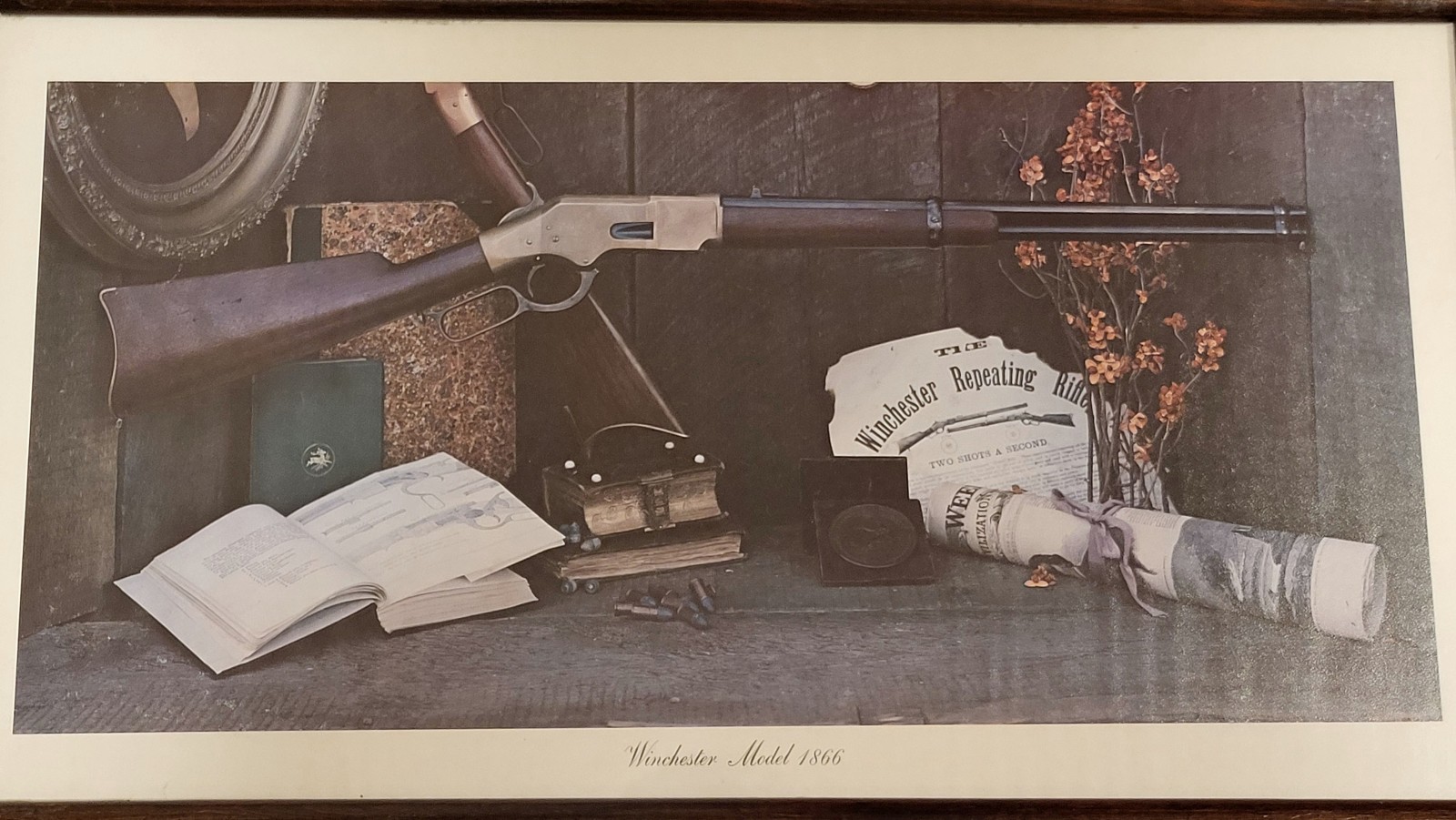Vintage Wood Framed Print of the Winchester Model 1866 Known as the “Yellow Boy”