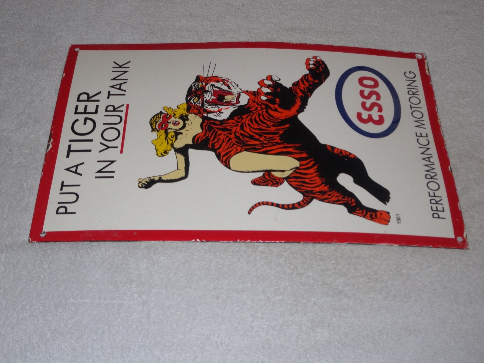 VINTAGE 1961 ESSO CAT WOMAN RIDES TIGER BATMAN & ROBIN MOVIE SHOW PORCELAIN SIGN