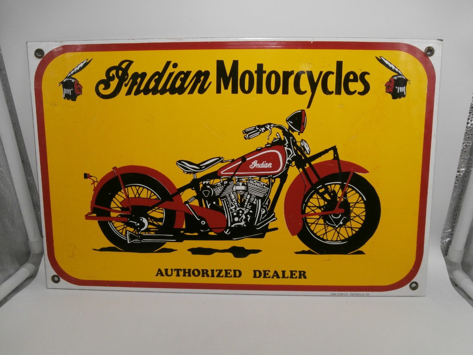 VINTAGE RARE” INDIAN MOTORCYCLES AUTHORIZED DEALER “PORCELAIN SIGN 17X11”