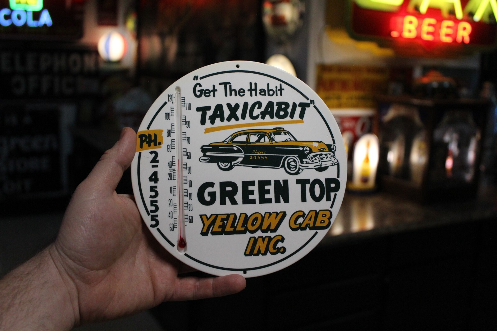 SCARCE 1950s YELLOW TAXI TAXI CAB GREEN TOP THERMOMETER SIGN GAS OIL CAR ARCADE