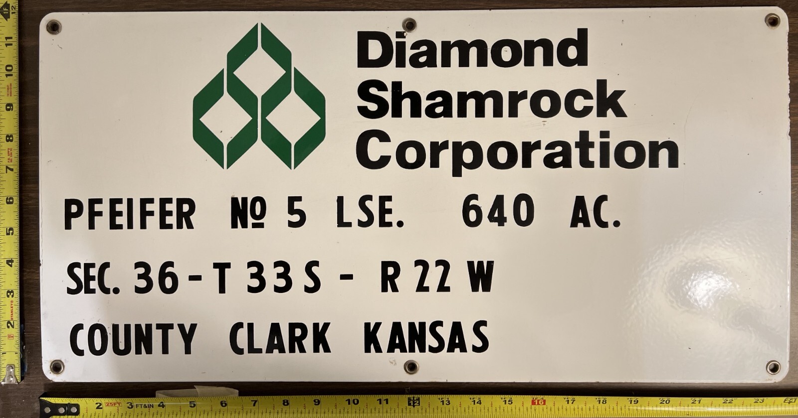Vintage Porcelain Oil Field Sign – Diamond Shamrock Corp, County Clark Kansas
